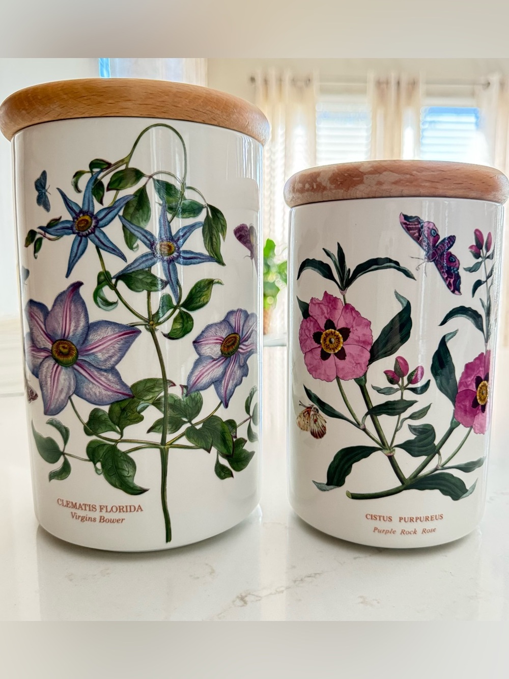 Vintage Portmeirion Botanic Garden Canister Set of 2 - Clematis & Cistus w/ Wood